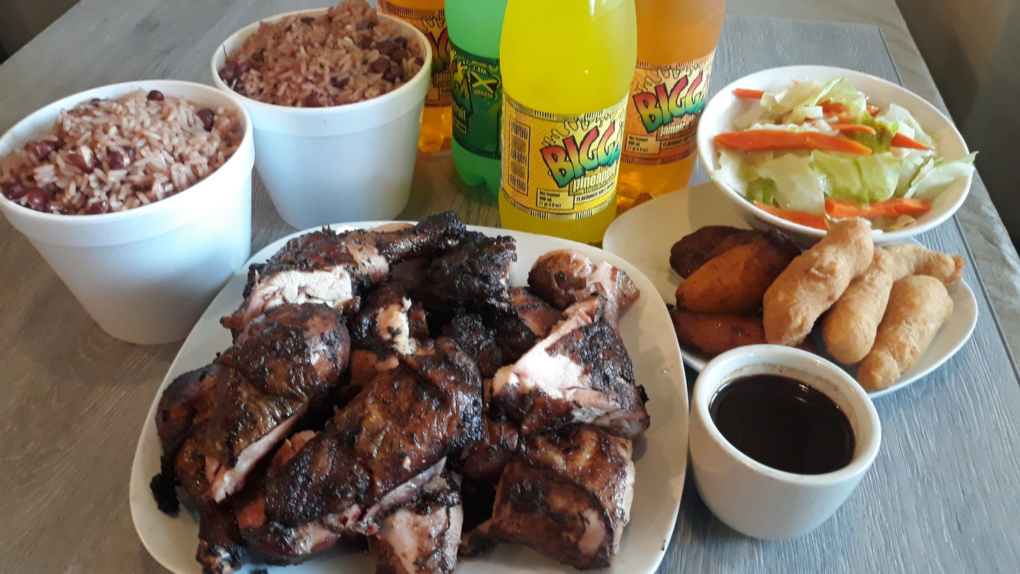 Jerk Chicken Whole Family meal deal (Feeds 4) perfect for family gatherings or easy dinners. Enjoy delicious jerk chicken served with rice & peas, stewed cabbage, festival, and sweet plantains, accompanied by a refreshing (2 liters) soda.
