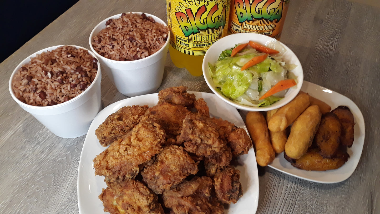 Ackees Fried Chick'n Family meal deal (Feeds 4) perfect for family gatherings or easy dinners. Enjoy delicious Ackeees Fried Chicken served with rice & peas, stewed cabbage, festival, and sweet plantains, accompanied by a refreshing (2 liters) soda.