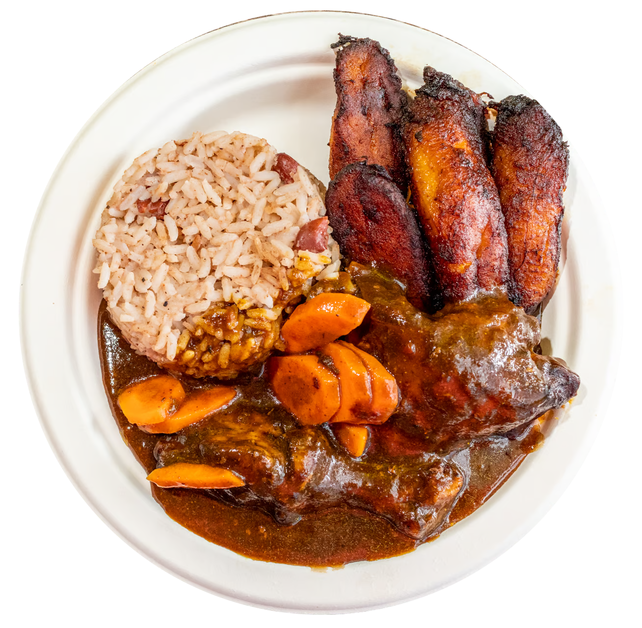 Brown Stew Chicken Dinner. Each hearty plate includes tender chicken, rice and peas, stewed cabbage, festival, and sweet plantains. Savor the traditional flavors and experience a taste of Jamaica.