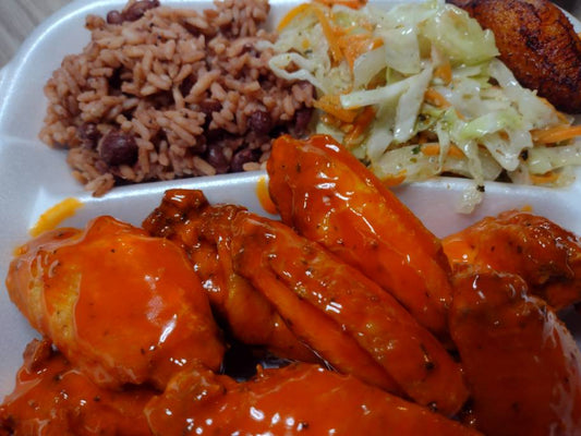 (2)Buffalo Chicken Wings Combo! Enjoy 20 delicious wings perfectly paired with rice &amp; peas, steamed cabbage, and sweet plantains. Indulge in a flavor explosion while getting a complete meal in one combo