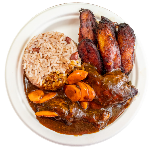 Brown Stew Chicken Dinner. Each hearty plate includes tender chicken, rice and peas, stewed cabbage, festival, and sweet plantains. Savor the traditional flavors and experience a taste of Jamaica.