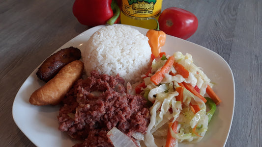 Corned Beef & Cabbage served with Rice, steamed cabbage, festival & seweet plantain