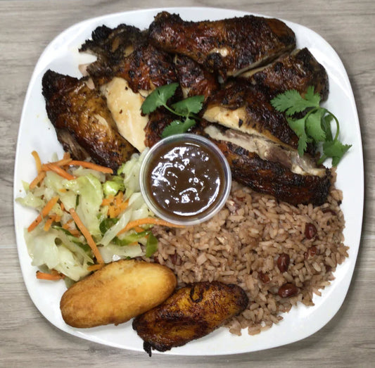 Ackees Jerk Chicken Dinner. Savor the flavorful jerk chicken, savory rice and peas, tender stewed cabbage, fluffy festival, and sweet plantains. Topped off with Ackees original Jerk Sauce
