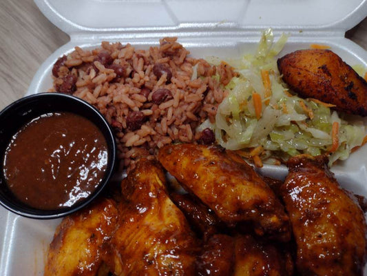 Jerk-  Original Jerk Chicken Wings Combo 10pcs. Served with rice and peas, stewed cabbage, and plantains.